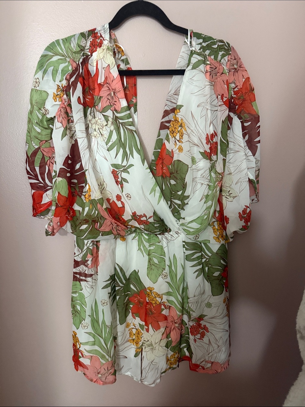 Fashion Nova White Floral V-Neck Mini Romper with Green & Red Print